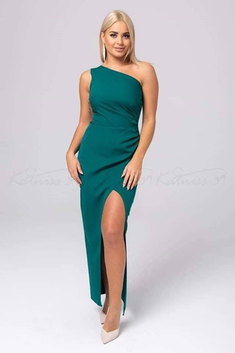 Sukienka długa jedno ramię zakładana szmaragd