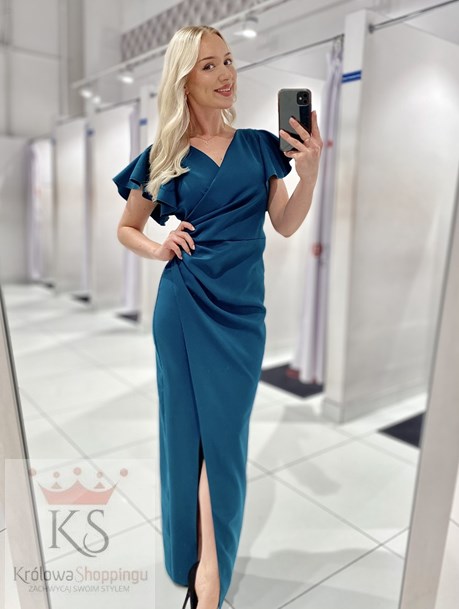 Sukienka długa dopasowana falbana rękaw sz.zieleń