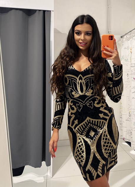 Sukienka krótka długi rękaw cekiny czerń/złoto