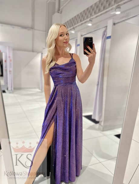 Sukienka długa wiązanie plecy brokat holo fiolet