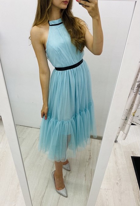 Sukienka midi tiul odkryte plecy brokat mięta