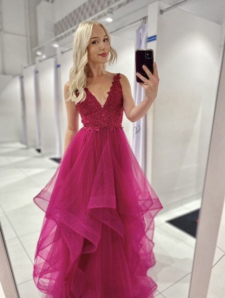 Sukienka długa koronkowa góra tiul fuksja