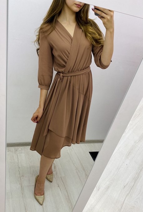 Sukienka midi długi rękaw pasek brązowy