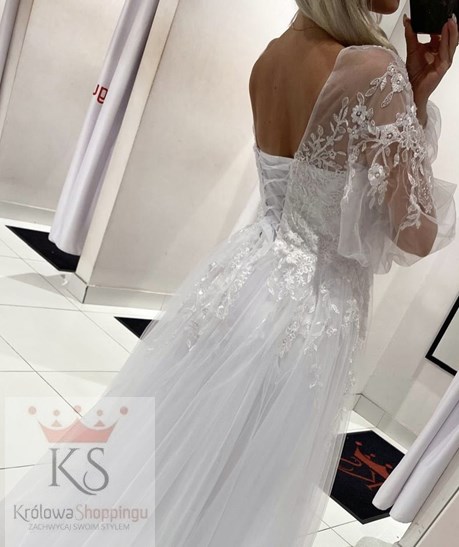 Sukienka długa tył wiązanie rękaw tiul biel