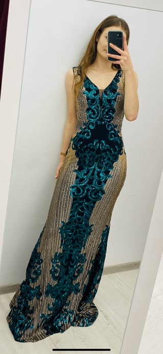 Sukienka długa rybka cekiny wzory zieleń/czerń