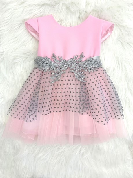 Sukienka dziecięca tiul kropki haft róż/popiel