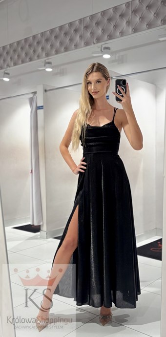 Sukienka długa wiązanie plecy brokat czerń