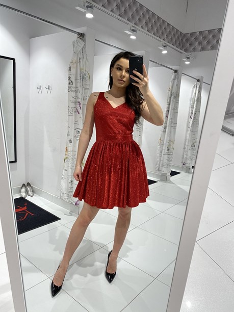 Sukienka krótka rozkloszowana brokatowa czerwony