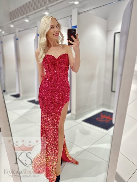 Sukienka długa gorset cekiny dół holo magenta