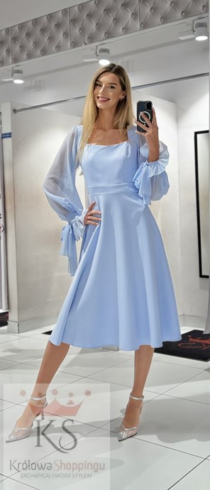 Sukienka midi długi rękaw wiązanie kokarda błękit