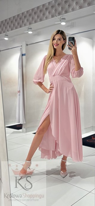 Sukienka długa rękaw pas pudrowy róż