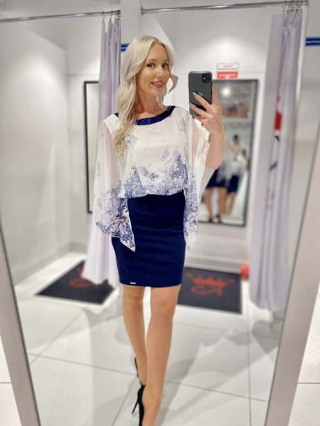 Sukienka krótka wysoki stan kwiaty granat/biel