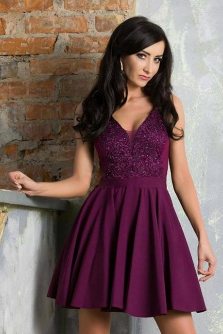 Sukienka krótka dekolt siateczka śliwka