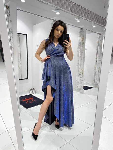 Sukienka asymetryczna brokat szary/granat