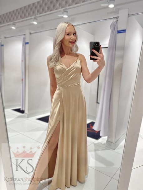 Sukienka długa ramiączka rozkloszowana złoto