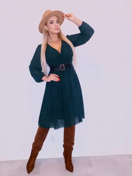 Sukienka midi rękaw pasek zwiewna gładka zielona