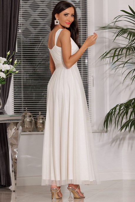 Sukienka długa ramiączka tiul pas brokat biel