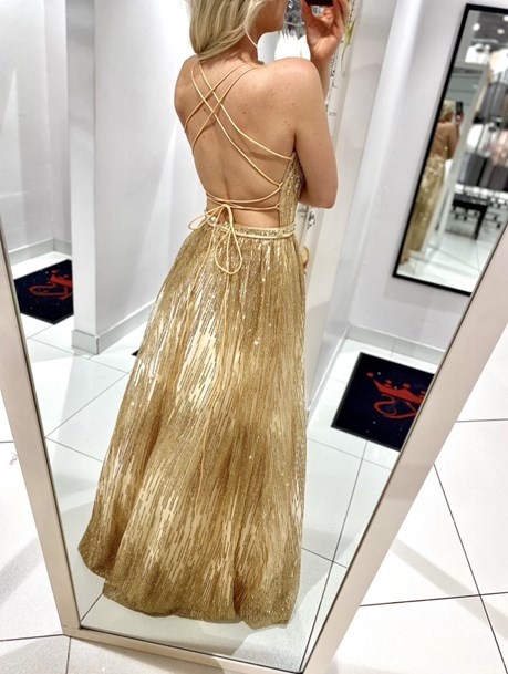 Sukienka długa wiązanie brokat kryształki złoto