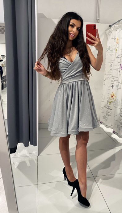 Sukienka krótka zakładka dekolt brokat szary