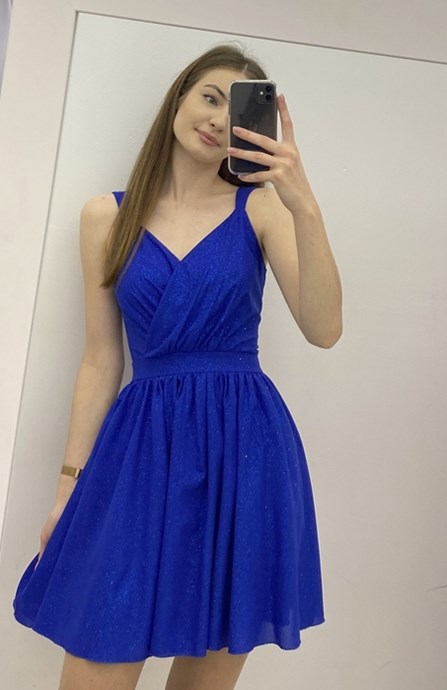 Sukienka krótka zakładka dekolt brokat chabrowy