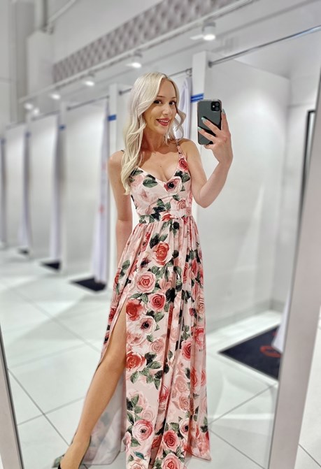 Sukienka długa dwa rozcięcia róże róż/zieleń