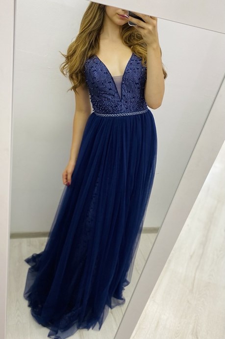 Sukienka długa tiulowa ozdobna góra granat