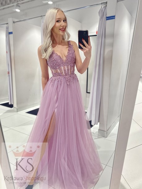 Sukienka długa tiulowa gorset koronka lila