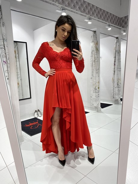 Sukienka długa asymetryczna długi rękaw czerwień