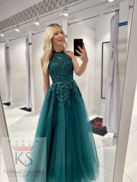 Sukienka długa tiul koronka na szyję zieleń