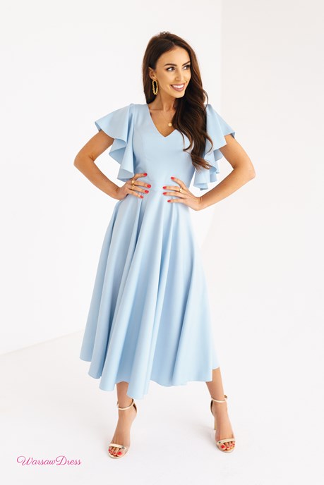 Sukienka midi falbana rękaw brokat błękit