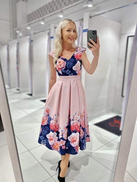 Sukienka midi rozkloszowana kwiaty róż/granat