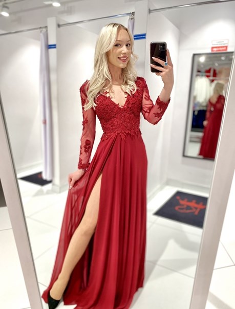 Sukienka długa rękaw zdobienie haft bordo