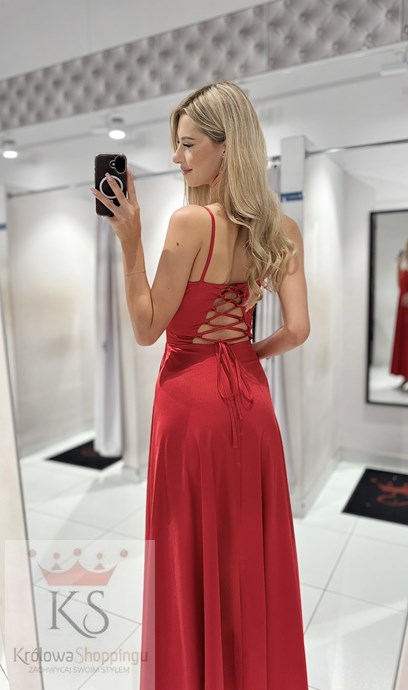 Sukienka długa satyna wiązanie plecy czerwień