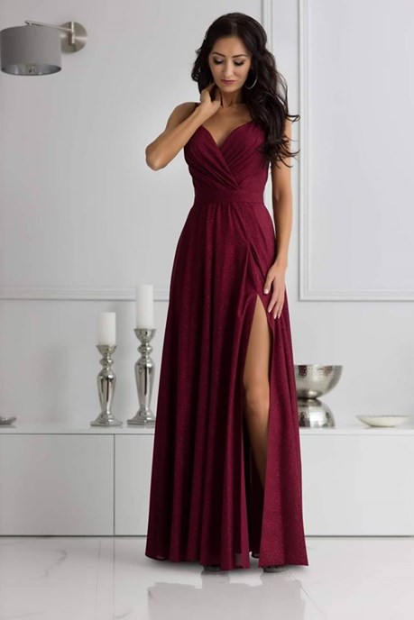 Sukienka długa brokatowa odkryte plecy bordo