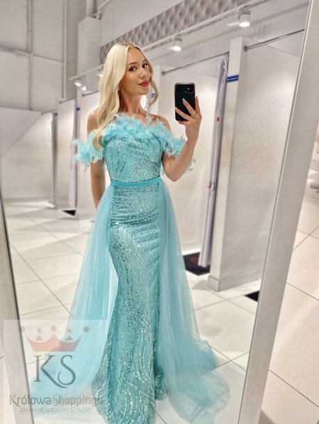 Sukienka długa cekinowa rybka pióra tiul mięta