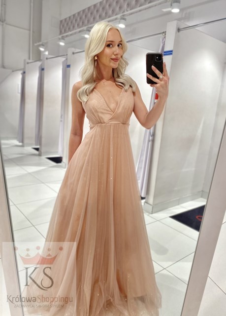 Sukienka długa ramiączka brokat tiul różowy