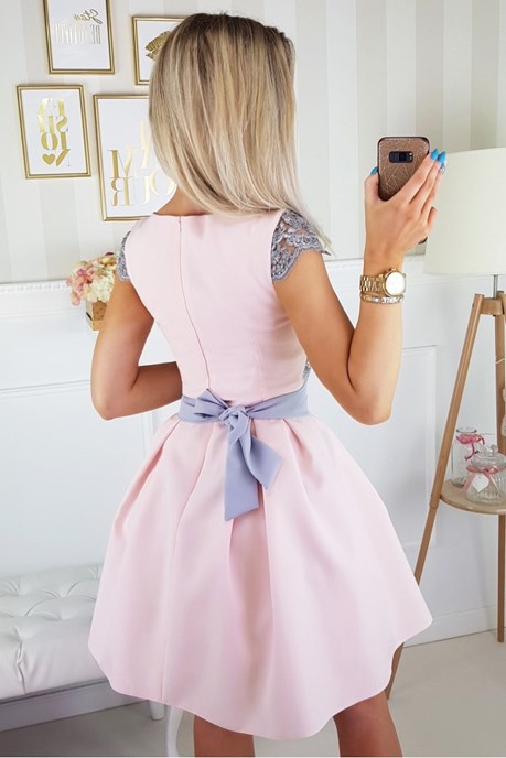 Sukienka krótka krótki rękawek dekolt róż/szary