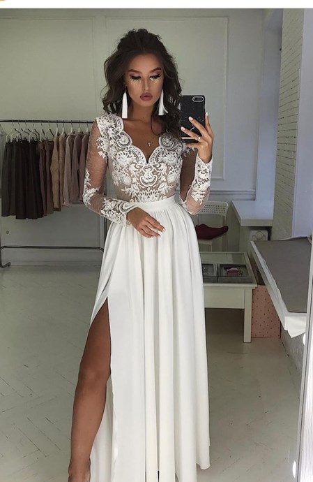 Sukienka długa koronkowy rękaw brąz/biały