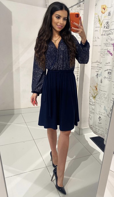 Sukienka krótka rękaw pasek góra brokat granat