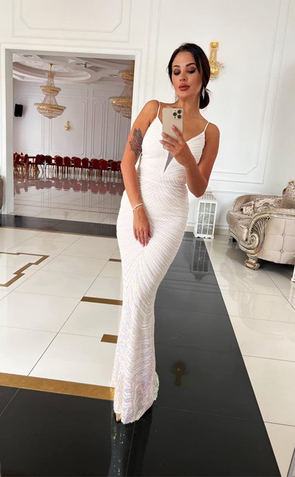 Sukienka długa ramiączka cekin siatka wzór biel