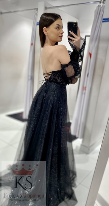 Sukienka długa gorset koronka rękawek tiul czerń