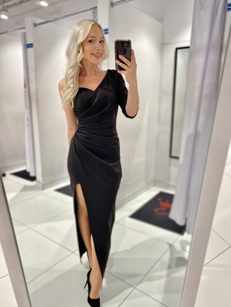 Sukienka długa marszczenie jedno ramię czarny