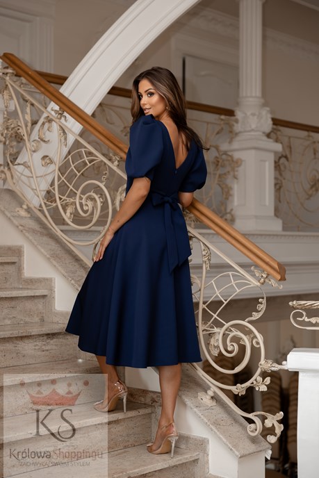 Sukienka midi 3/4 rękawek wiązanie plecy granat