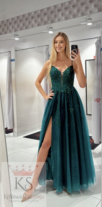 Sukienka długa gorset kwiaty haft brokat zieleń