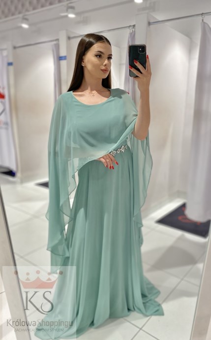 Sukienka długa rękawek motyl cyrkonie szałwia