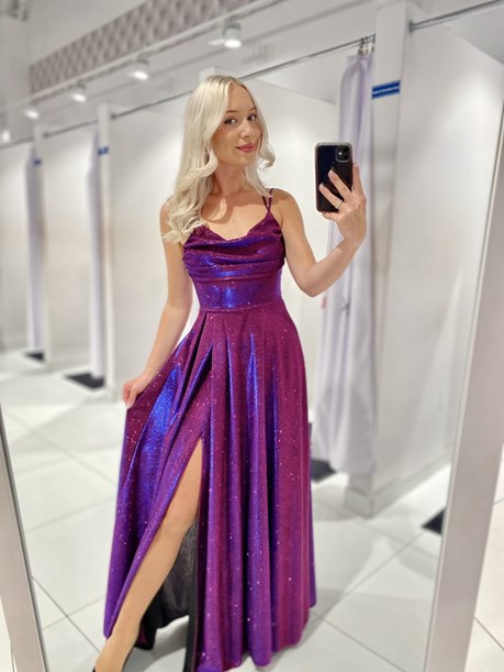 Sukienka długa wiązanie plecy brokat granat/fuksja