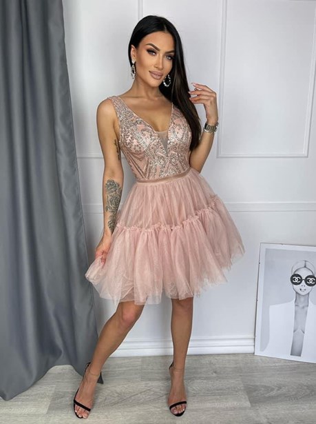 Sukienka krótka ramiączka tiul brokat beż