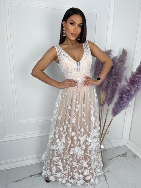 Sukienka długa tiul kwiatuszki beż/biel