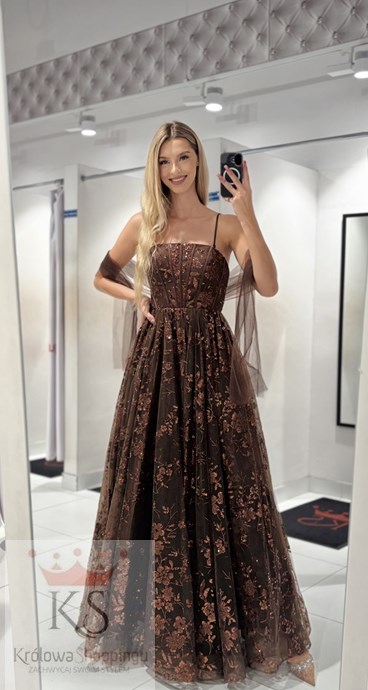 Sukienka długa balowa brokatowe kwiaty czekolada