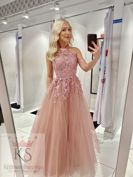 Sukienka długa tiul koronka na szyję wrzos